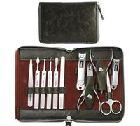 FAMILIFE Set per manicure, kit professionale per manicure e tagliaunghie, set 11 in 1, in acciaio inossidabile, kit di strumenti per pedicure con custodia da viaggio portatile in pelle verde, regalo