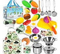 FAMKEEP 30 Pezzi Giocattoli da Cucina per Bambini, Cucina Pentole Giocattolo per Bambini Set di Pentole e Padelle in Acciaio Inossidabile, Utensili da Cucina, Grembiule e Cappello da Cuoco