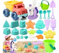 FAMKEEP Giochi Spiaggia 26 Pezzi Giochi Spiaggia Bambini,Giocattoli da Spiaggia con Secchio Pala Rastrello Stampi,Borsa a Rete Set Giochi Sabbia, Materiale Plastico Morbido per 1 2 3 4 Anno