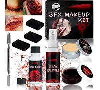 FAMKEEP Kit per Trucchi Halloween Make Up, Kit di Cera per Cicatrici, con Spray di Sangue Finto, Gel di Sangue Finto, Spugna, Raschietto, Adatto per Giochi di Ruolo e Feste di Halloween