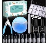 FAMKEEP Tip Unghie e Colla Gel Kit Unghie Finte con Colla,600 Pezzi Unghie Finte Corte in Gel,per colla 2 in 1,Con Mini Lampada UV LED Unghie per Uso Domestico Nail Art