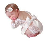 FAMKIT Set di 2 pezzi per servizio fotografico per neonati, pagliaccetto in pizzo e fascia per capelli, accessori per fotografia, bianco, M