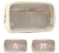 Fammart Beauty case trasparente con 2 lettere personalizzabili in ciniglia, custodia per cosmetici in pelle sintetica impermeabile, grande astuccio personalizzato per donne e adolescenti, ideale per