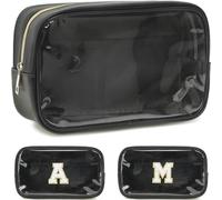 Fammart Beauty case trasparente con 2 lettere personalizzabili in ciniglia, custodia per cosmetici in pelle sintetica impermeabile, grande astuccio personalizzato per donne e adolescenti, ideale per