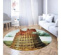 Famosa pittura arte tappeti rotondi 170 cm la torre di babele lavabile antiscivolo morbido moquette a cerchio a pelo basso per soggiorno camera degli ospiti