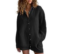 Famulily 100% cotone, 2 pezzi, da donna, in mussola, elegante, per il tempo libero, a maniche lunghe, oversize, con tasche, Nero , S