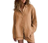 Famulily 100% cotone, 2 pezzi, da donna, in mussola, elegante, per il tempo libero, a maniche lunghe, oversize, con tasche, cachi, S