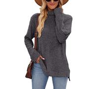 Famulily, maglioni con collo dolcevita da donna, maglioni oversize autunnali e invernali a maniche lunghe con spacchi laterali, top a tunica, Grigio scuro, M