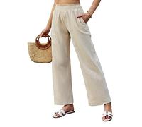 Famulily Pantaloni estivi in lino, da donna, a vita larga, elastici, leggeri, da spiaggia, per il tempo libero, Culottes, pantaloni in tessuto, pantaloni Palazzo con tasche.., #1: beige, XL