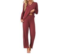 Famulily Pigiama da donna a maniche lunghe, top e pantaloni a gamba larga | Set completo di pigiami con tubazioni a contrasto, vestibilità larga, vita elastica, set da salotto autunnale invernale