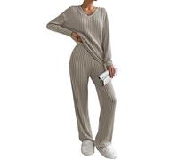 Famulily - Pigiama da donna con scollo a V, maniche lunghe e gamba larga, abbigliamento da casa, completo da tempo libero, set 2 pezzi, completo con tasche, cachi, L