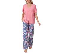 Famulily Pigiama da donna in 2 pezzi, a maniche corte, scollo a V, top con bottoni e pantaloni con stampa floreale, pigiama morbido da donna, taglie S-XXL, rosa, XL