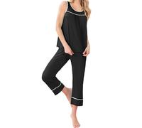 Famulily Pigiama da donna senza maniche con tubazioni, comodo top e pantaloni capri, con tasche, abbigliamento da notte S-XXL, Nero , XXL