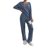 Famulily Pigiama da donna, set da notte da donna, a costine, 2 pezzi, abbigliamento per il tempo libero, abbigliamento da casa, scollo a V, maniche lunghe e pantaloni a gamba larga con tasche