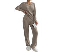 Famulily Pigiama da donna, set da notte da donna, a costine, 2 pezzi, abbigliamento per il tempo libero, abbigliamento da casa, scollo a V, maniche lunghe e pantaloni a gamba larga con tasche, Caff, L