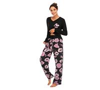 Famulily Pigiama morbido e confortevole composto da una camicia a maniche lunghe e un pantalone ampio, per donne, per dormire, restare a casa, stampa floreale, viola., XL