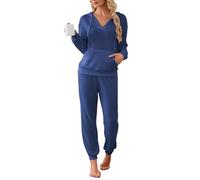 Famulily Set da casa da donna in maglia a costine, con scollo a V e pantaloni da jogging, tute morbide per il tempo libero, pigiama a maniche lunghe, abbigliamento da notte