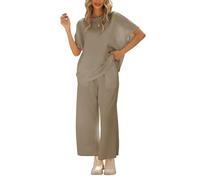 Famulily Set da casa oversize da donna, tuta da viaggio in 2 pezzi, top con maniche ad aletta e pantaloni a gamba larga con tasche, cachi, S