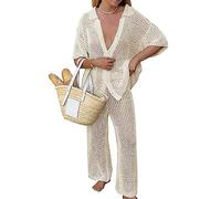 Famulily Set di 2 copricostume da bagno sexy da donna, con bottoni e pantaloni con coulisse, set da spiaggia, Beige, L