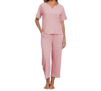 Famulily Set di abbigliamento da notte da donna, per il tempo libero, casual, con scollo a V, maniche corte e pantaloni a gamba larga con tasche, rosa, S