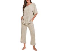 Famulily Set di vestiti a coste per le donne magliette oversize e pantaloni corti con tasche, abiti estivi da notte in 2 pezzi, Beige, S