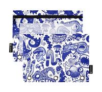 famyily Astuccio per matite scolastico dipinto a mano con mostri in stile cartone animato blu e bianco con anelli con finestra trasparente, astuccio con cerniera con occhielli rinforzati, 3 anelli per