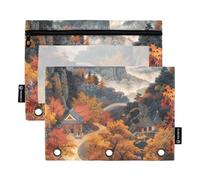 famyily Astuccio scolastico con foglie d'acero rosse e montagne lontane con finestra trasparente, morbido astuccio trasparente con finestra e occhielli a 3 anelli, per riporre forniture scolastiche e