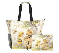 famyily Bee Collecting Honey Tree - Borsa tote robusta di grande capacità con cerniera e tasche in rete, 2 pezzi da spalla Weekender durante la notte per giocattoli, asciugamani, viaggi, crociera