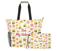 famyily Bee My Valentine - Borsa grande e romantica a prova di sabbia, con cerniera e tasche in rete, 2 pezzi, borsa da weekender, per giocattoli, piscina, accessori da spiaggia