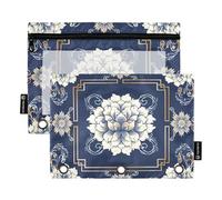 famyily Blu e Bianco Motivo Barocco Grandi Astucci con Finestra Trasparente Astuccio Morbido con Cerniera Occhielli Rinforzati 3 Fori Cartelle Perforate Scuola Classe Ufficio Organizzatori Multicolore