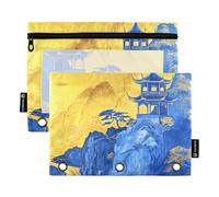 famyily Blu Oro Paesaggio Cinese Cerniera con Finestra Trasparente Raccoglitore Matita Astuccio Finestra Trasparente & Occhielli 3 Fori Raccoglitore per la Conservazione Studenti di Scuola Forniture