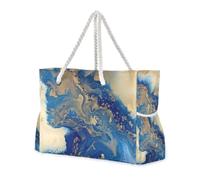 Famyily - Borsa a mano con texture in marmo blu dorato a prova di sabbia, borsa da viaggio con tasche laterali da donna con portabicchieri sul lato