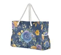 Famyily - Borsa da spiaggia a prova di sabbia, colore blu e giallo, con tasche laterali, borsa per il fine settimana da donna con portabicchieri sul lato
