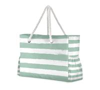 famyily Borsa da spiaggia a prova di sabbia con linee bianche e verdi con tasche laterali, grandi borse per weekender, accessori da viaggio, regali da spiaggia, regali di compleanno per donne