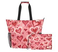 famyily Borsa da spiaggia con motivo a cuore rosso, grande capacità, con cerniera e tasche in rete, 2 grandi borse da weekend per giocattoli, asciugamani, viaggi, crociera