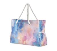 Famyily - Borsa da spiaggia grande portatile con texture in marmo blu pesca con tasche laterali, portatile con portabicchieri sul lato