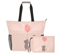 famyily Borsa grande con palloncino rosa a forma di gatto con cerniera e tasche in rete, 2 pezzi, borsa per la notte per viaggi, palestra
