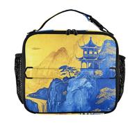 famyily Borsa per il pranzo con paesaggio cinese, blu, oro, resistente all'acqua, per donne, mantiene il cibo caldo, borse isolate per scuola e viaggi