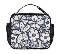 famyily Borsa per il pranzo in stile bohémien con fiori schiacciati in bianco e nero dipinto a mano, da donna, resistente all'acqua, tracolla e portabottiglie, borsa termica per il pranzo per scuola