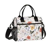 famyily Borsa per il pranzo in stile vintage con fiore in fiore e porta bottiglia d'acqua, grande portapranzo boxman, con tracolla, per lavoro, adolescenti, picnic