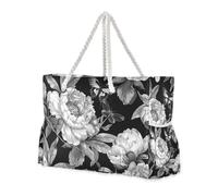 Famyily - Borsa portatile per esterni con fiori neri vintage a prova di sabbia con tasche laterali, grande borsa weekend per viaggi, palestra, vacanze