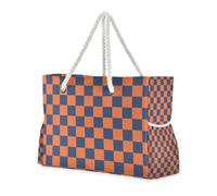 Famyily - Borse da spiaggia a scacchi americani arancioni e blu con tasche laterali, borsa da spiaggia, a prova di sabbia, oggetti essenziali per viaggi all'aperto