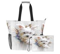famyily Borse da viaggio robuste 3D con cane maltese da donna, con cerniera e tasche in rete, 2 pezzi, weekender durante la notte, per piscina, crociera, spiaggia vacanza
