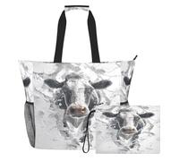 famyily Borse da viaggio robuste da donna con cerniera e tasche in rete, motivo mucca 3D, 2 pezzi, weekender durante la notte, per piscina, crociera, spiaggia, vacanza
