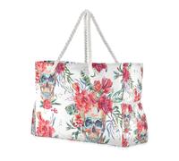 famyily Borsone da viaggio a prova di sabbia con teschio ad acquerello Happy Halloween con fiori rossi, sport con tasche laterali Borse e borse con portabicchieri sul lato