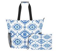 famyily Borsone portatile tradizionale blu Evil Eye, borsa sportiva con cerniera e tasche in rete, 2 pezzi, borsa per la notte per giocattoli, asciugamani, viaggi, crociera