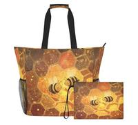 famyily Bumble Bees Borsa tote portatile a nido d'ape da donna con cerniera e tasche in rete, 2 pezzi, borsa per la notte per viaggi, palestra