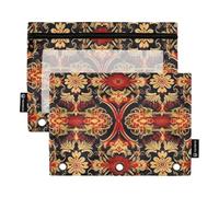 Famyily - Cartella a 3 anelli per scuola, ufficio e casa, multicolore con motivo floreale tailandese vintage con cerniera e finestra trasparente con cerniera, grande e resistente