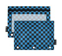 Famyily - Cartella a scacchi blu e nero con cerniera con custodia trasparente per finestra e occhielli, 3 anelli per riporre forniture scolastiche da ufficio, multicolore, 2 pezzi