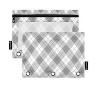 Famyily - Cartella per matite da scacchi grigio e bianco, 3 anelli con anelli per finestra trasparente, astuccio per matite con finestra trasparente e occhielli a 3 fori, cartelle perforate, classe